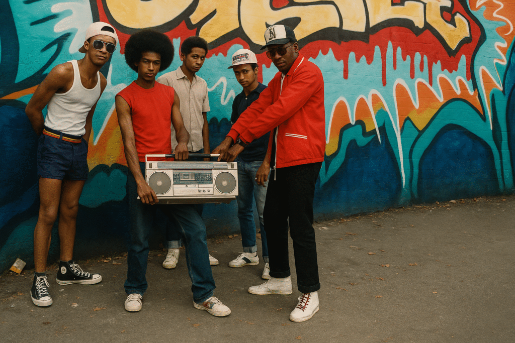 五位年輕嘻哈風格男子站在街頭塗鴉牆前，手持大型 Boombox