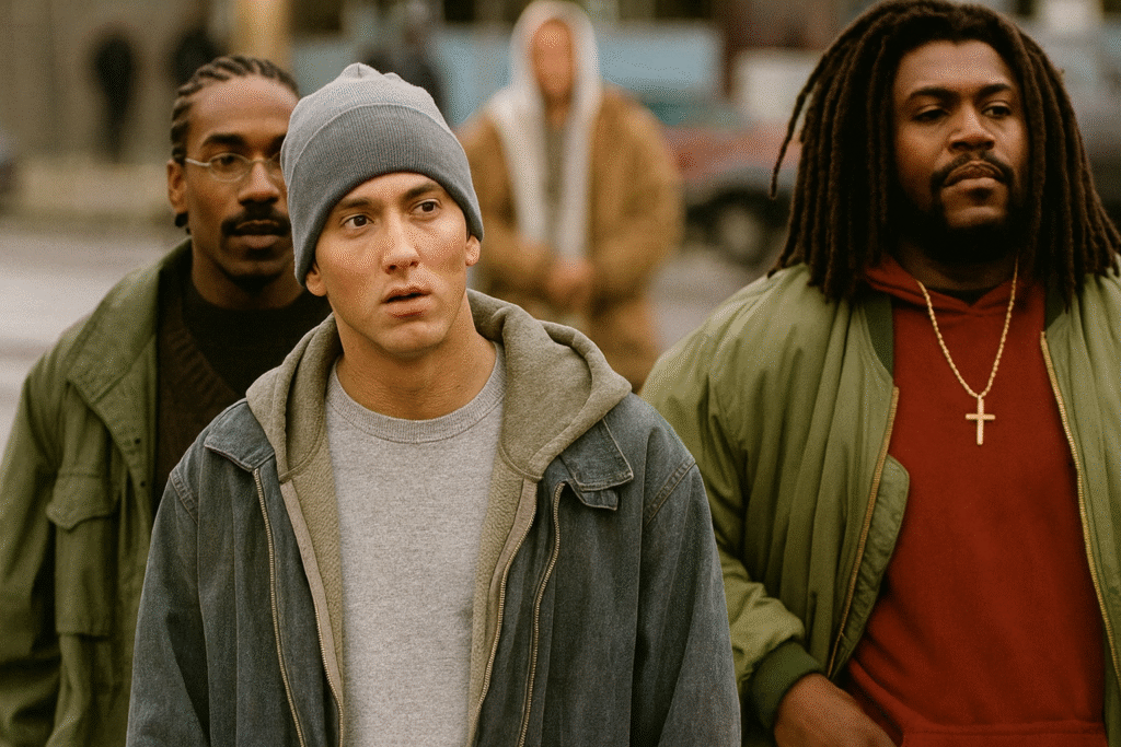 Eminem在電影《8 Mile》中的經典街頭嘻哈造型 