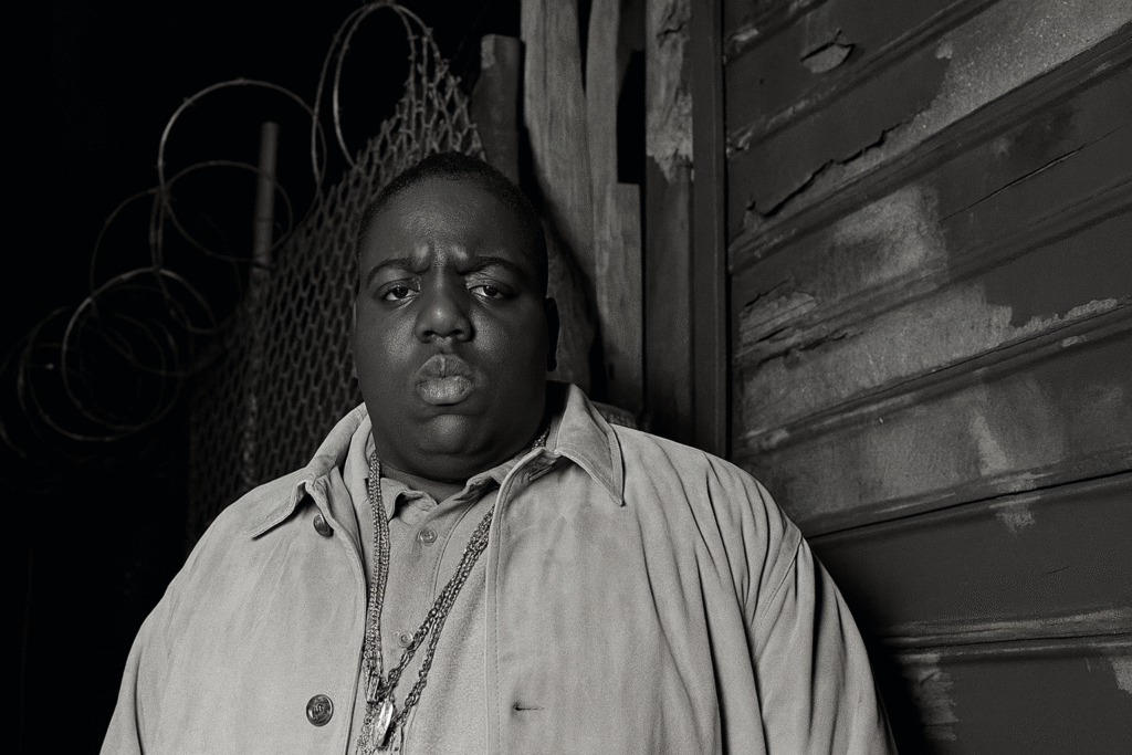 嘻哈傳奇人物 Notorious B.I.G. 身穿風衣站在鐵絲網與木牆前，展現硬派街頭風格