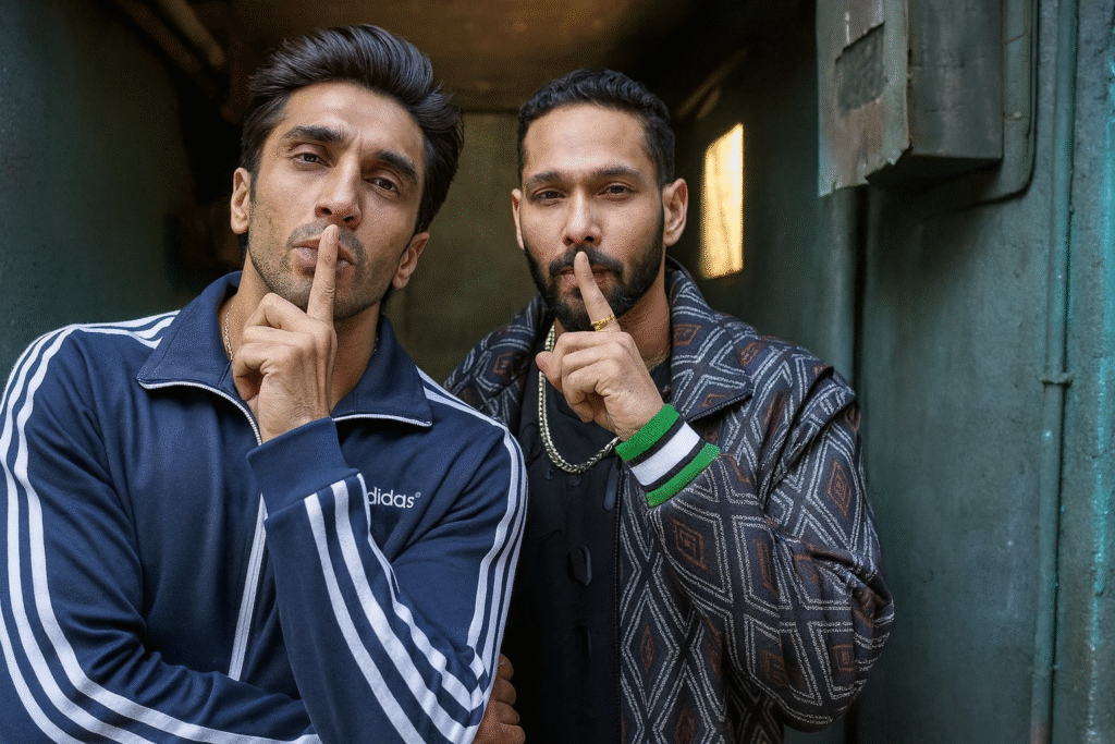 Gully Boy 電影劇照，兩位角色穿著街頭風格服飾，做出安靜手勢