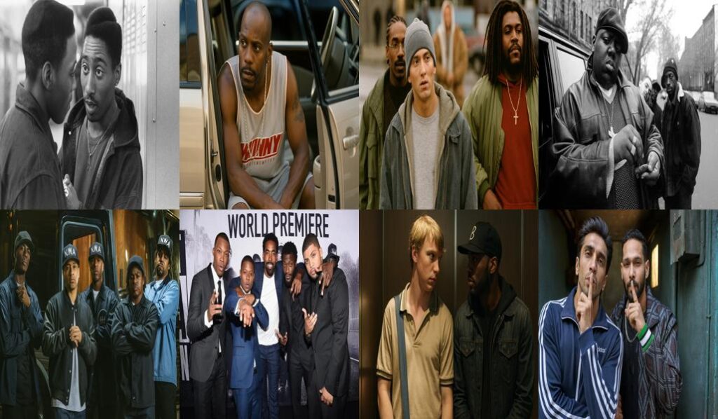 嘻哈電影與饒舌傳奇人物拼貼圖，包括Eminem、N.W.A、The Notorious B.I.G等