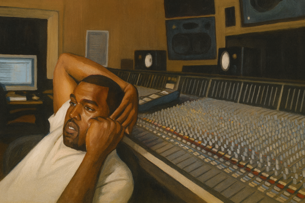 Kanye West 在錄音室思考音樂創作 嘻哈製作場景