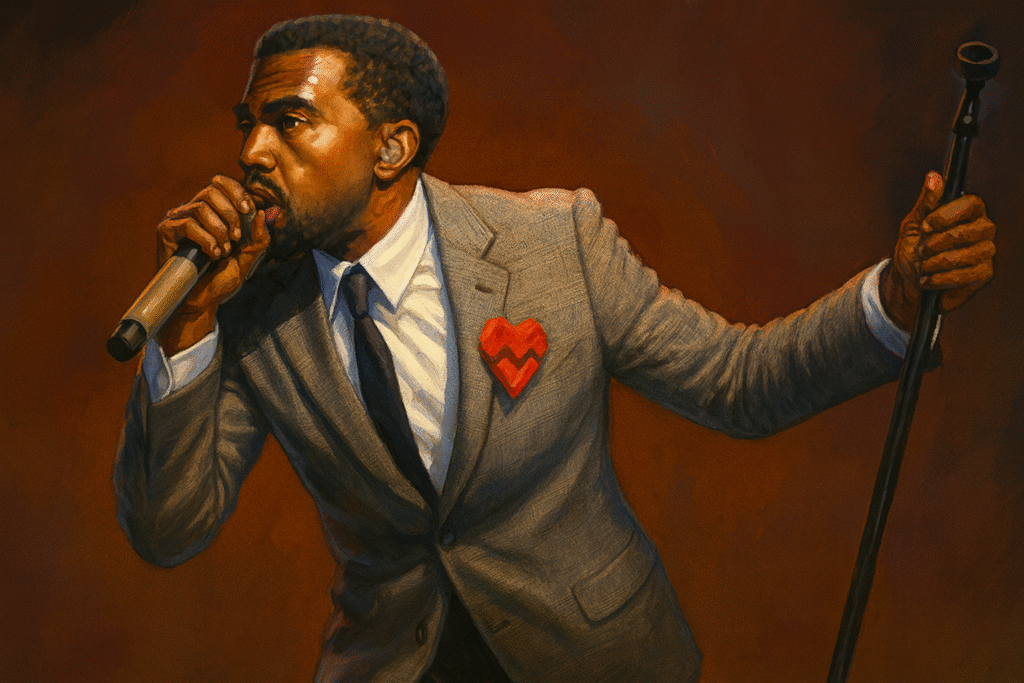 Kanye West 嘻哈舞台演出插畫，灰色西裝紅心裝飾