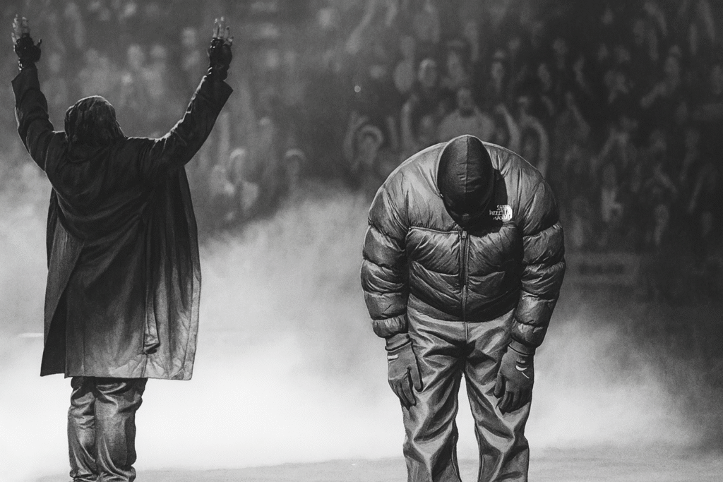 Kanye West 嘻哈演唱會謝幕場景，低頭致敬觀眾