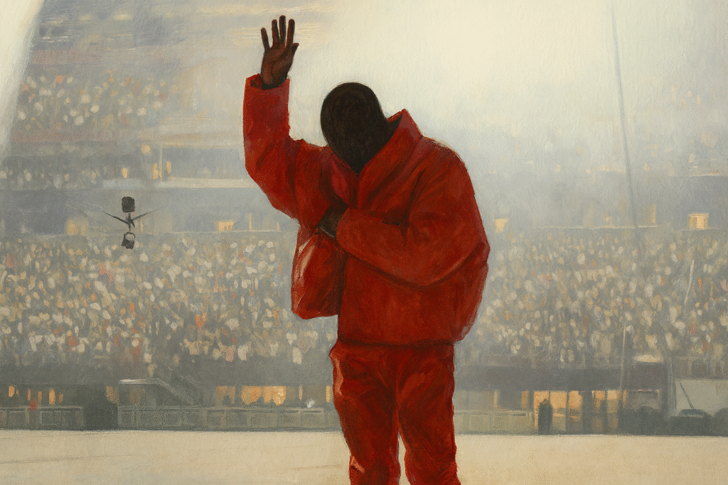Kanye West 嘻哈演唱會紅色造型舉手致意