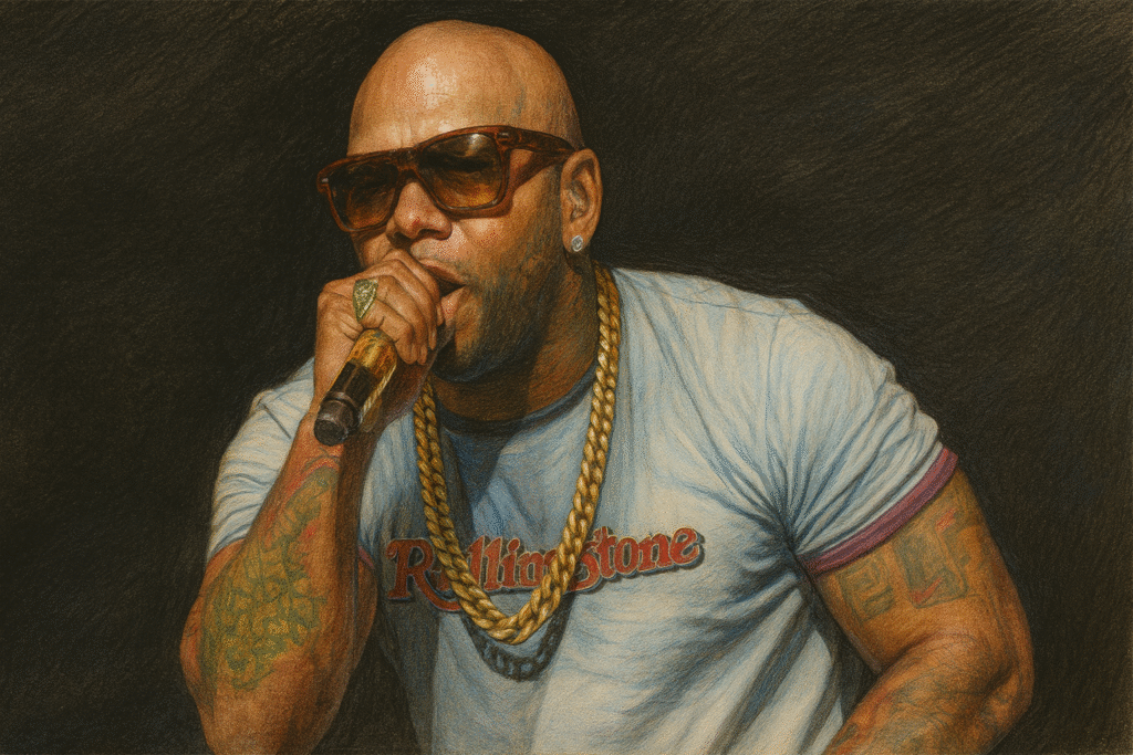 嘻哈歌手 Flo Rida 戴墨鏡與金項鍊的舞台表演