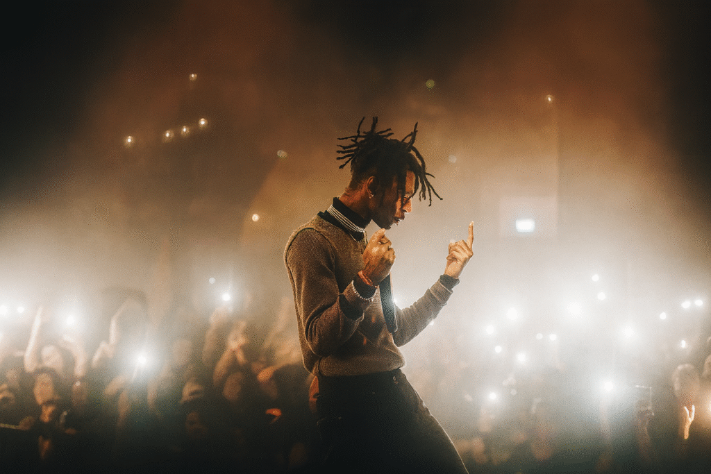 Playboi Carti 嘻哈演唱會現場，台上表演台下觀眾舉起手機燈光
