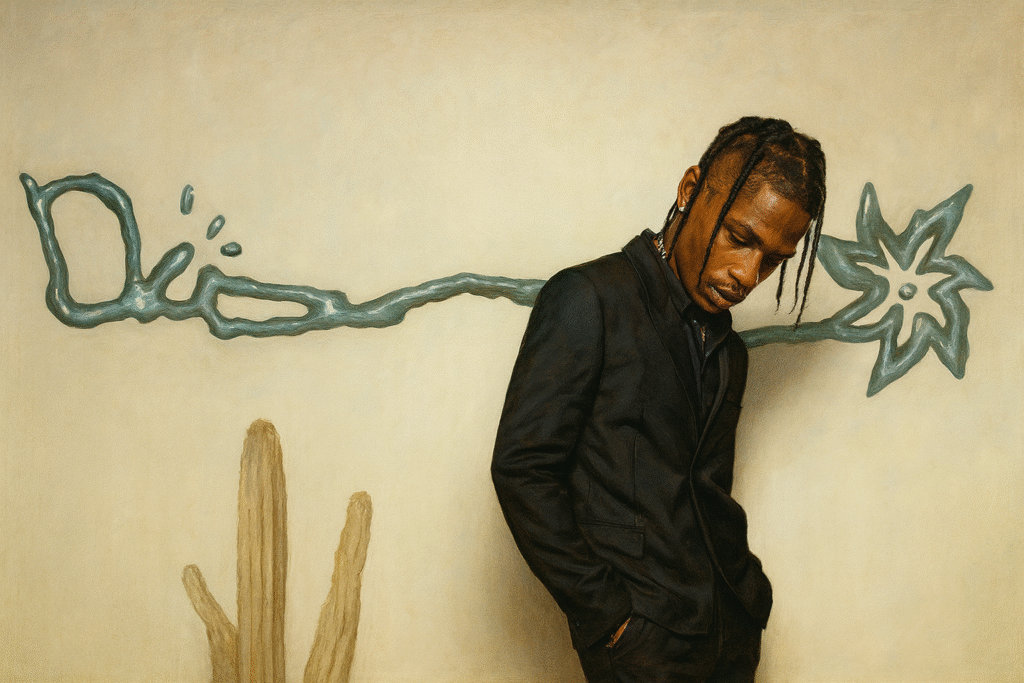 Travis Scott 穿著黑色西裝站在 Dior 背景前,展現 Cactus Jack 合作風格