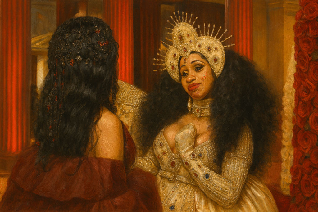 Nicki Minaj 與 Cardi B 在金色宮殿場景中對話，展現女性饒舌女王的對立與尊榮氛圍