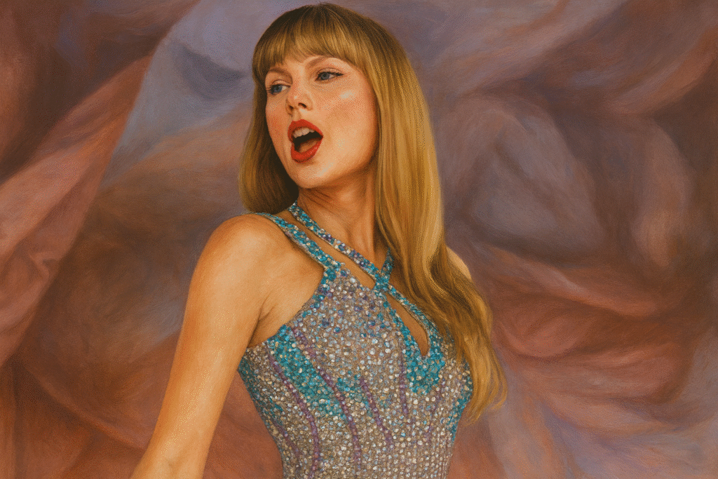 Taylor Swift 在舞台上演唱的近距離藝術肖像