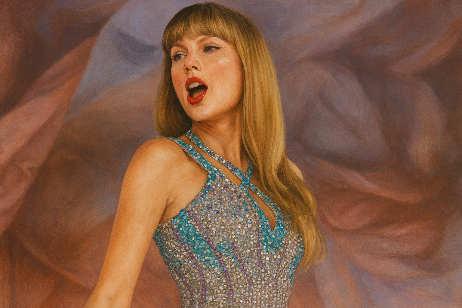 Taylor Swift 在舞台上演唱的近距離藝術肖像