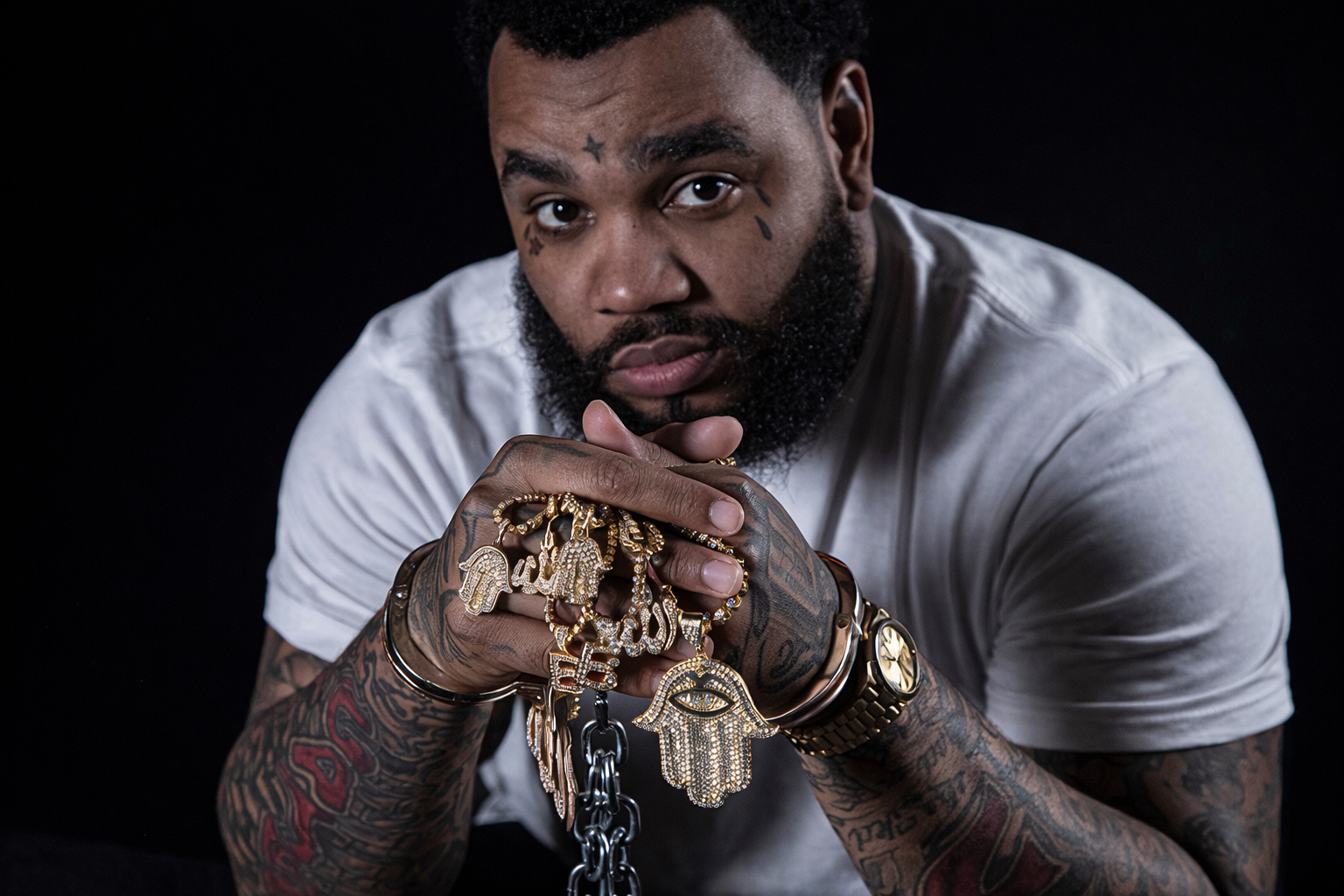 Kevin Gates 肖像照，饒舌歌手雙手握著金鍊，展現刺青與個人信仰象徵