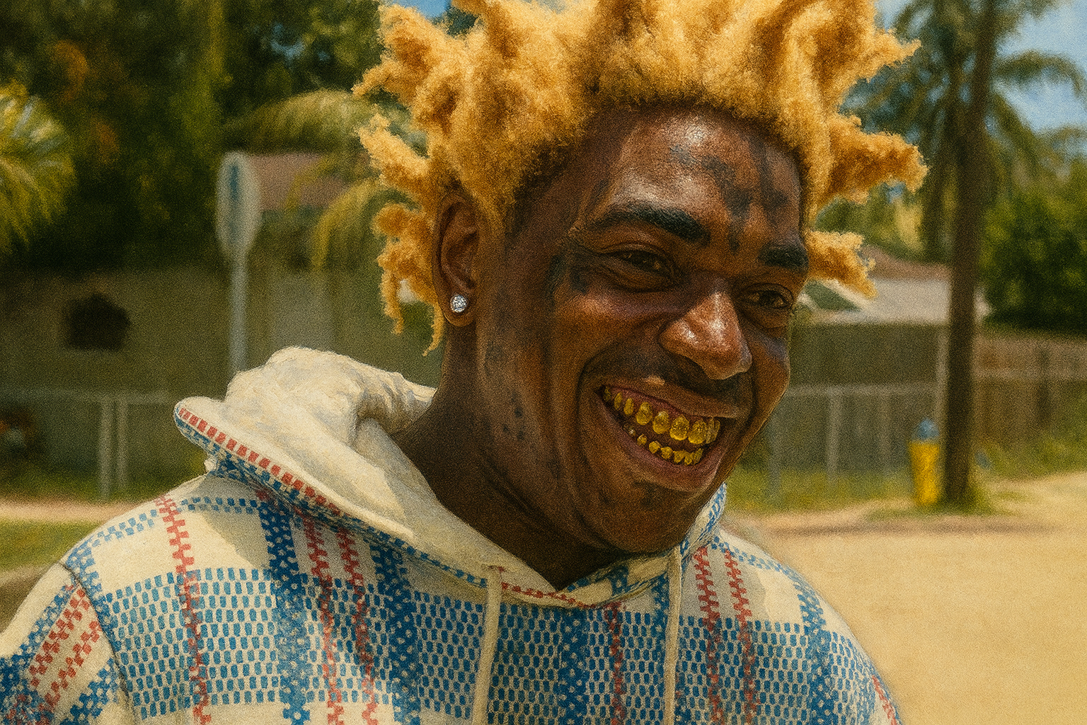 Kodak Black 金牙微笑與標誌性金色髮型的街頭風格肖像