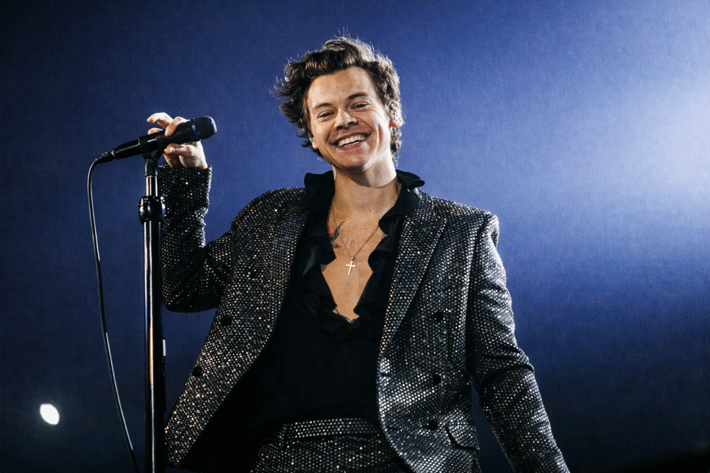Harry Styles 站在舞台上手持麥克風微笑演唱，展現親和力與成熟流行巨星魅力