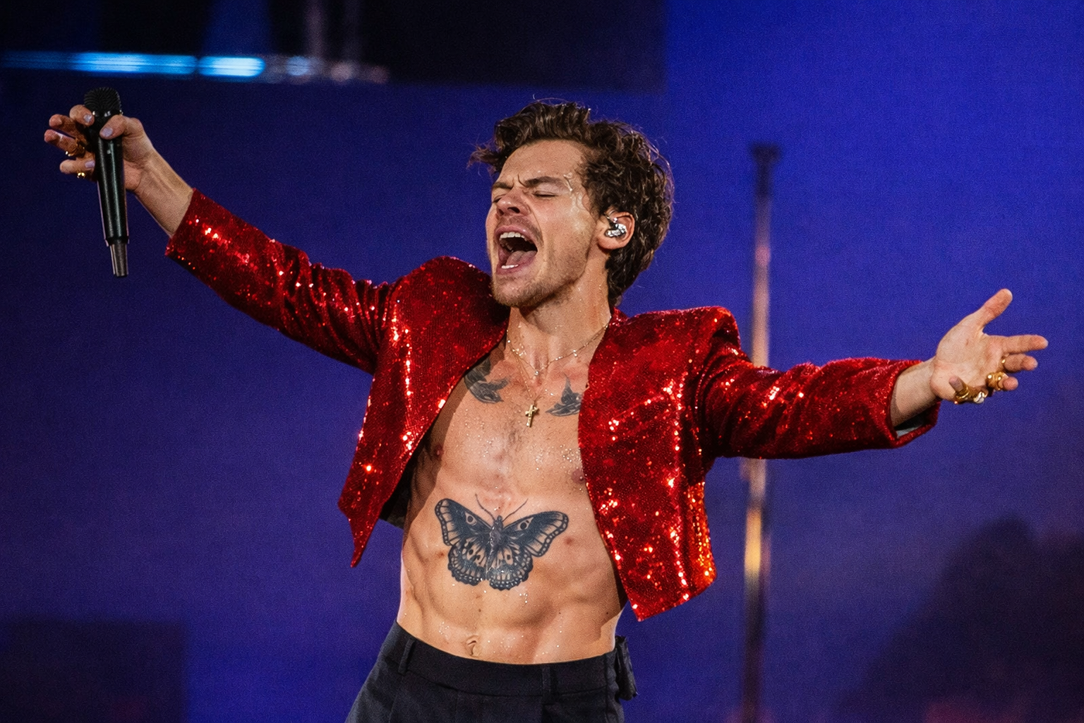 Harry Styles 穿著紅色亮片外套於演唱會舞台上高舉雙臂演唱,展現個人時期的舞台魅力與自信形象