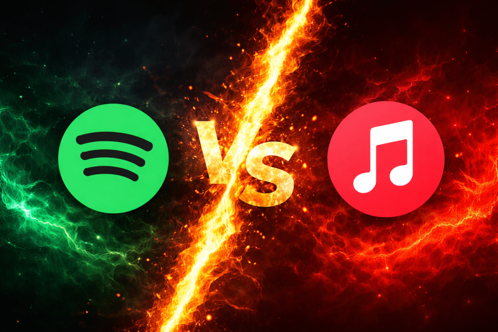 Spotify vs Apple Music 音樂串流平台比較圖 火焰對決視覺設計